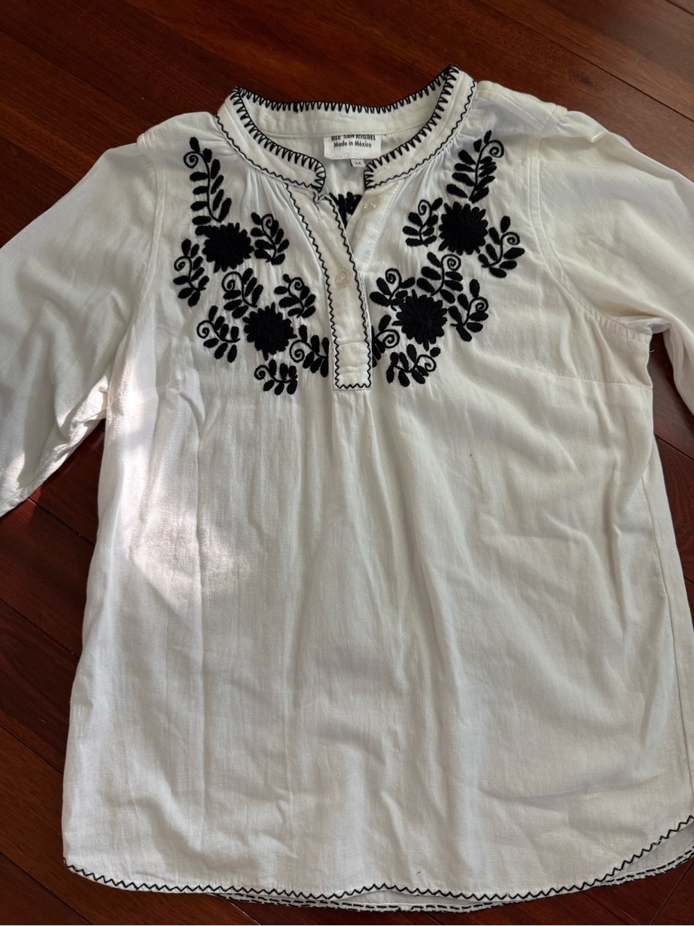 Ole San Miguel Boho Top Women M White W Black Floral Embroidered 3/4 Sleeve